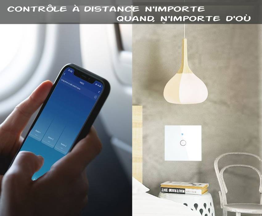 Maison intelligente : interrupteur tactile, contrôle vocal et gestion via Wi-Fi 2.4 GHz.
