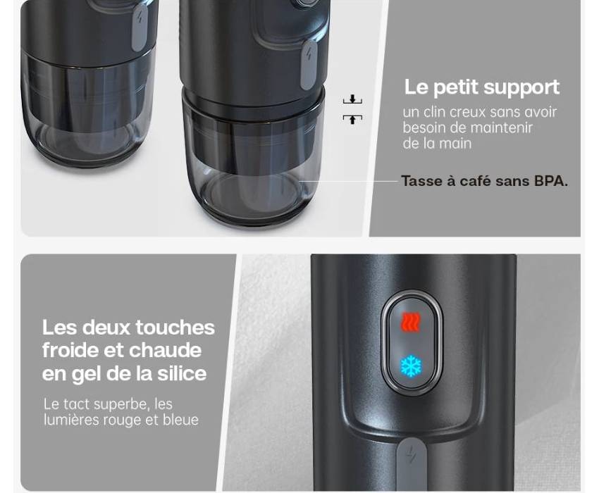 Machine à Café Portable 3 en 1 en utilisation dans une voiture avec adaptateur 12V