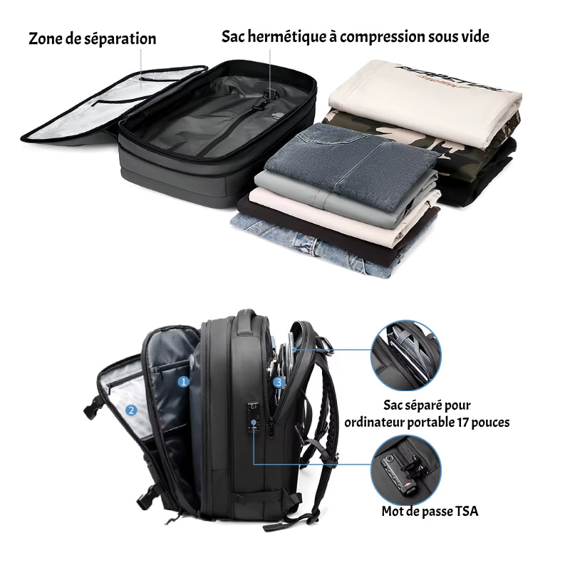 Sac à dos de voyage compression sous vide