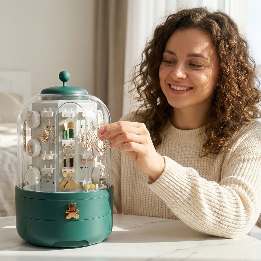 organisateur bijoux rotatif avec tiroirs et compartiments