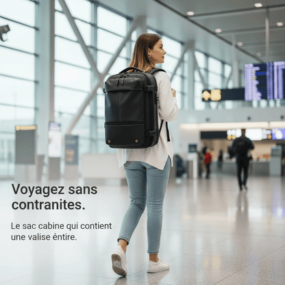 Femme portant le sac à dos cabine gris dans un terminal d'aéroport, idéal pour les voyages sans bagage en soute.